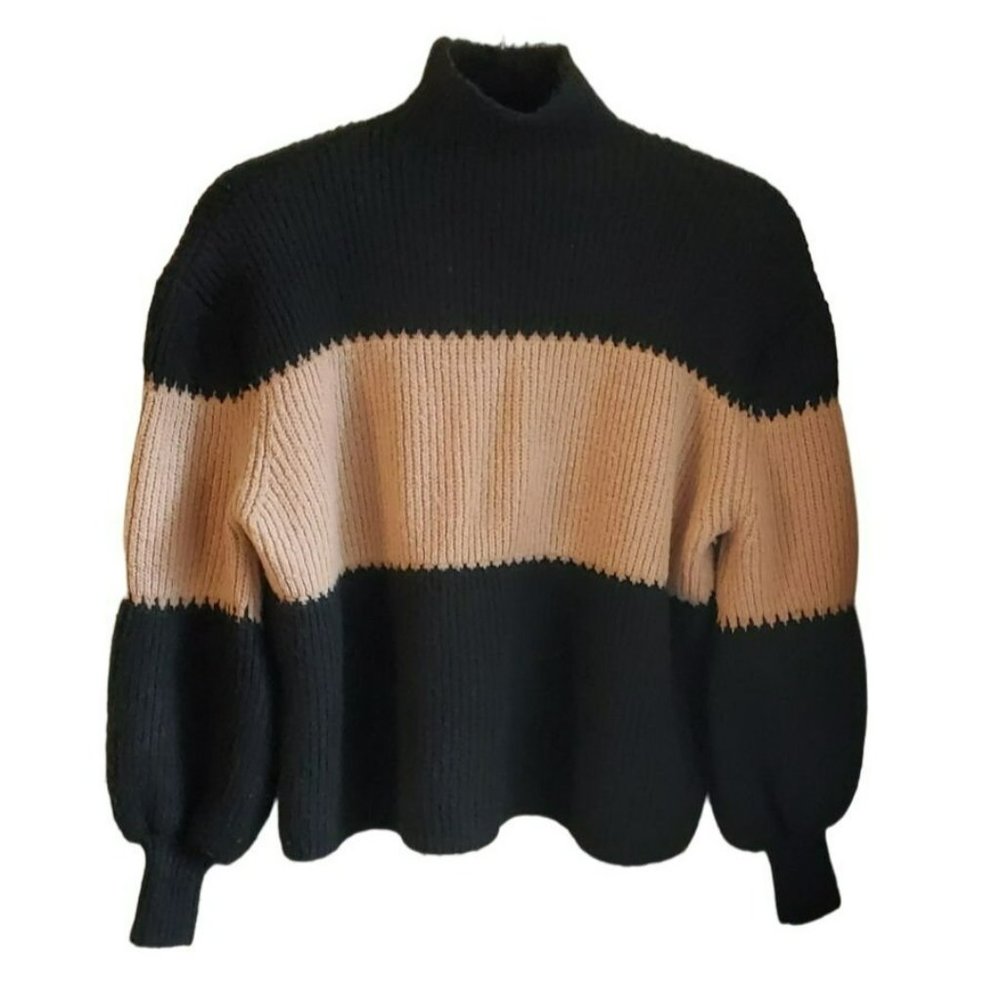 THML Women's Black Nutmeg Striped Color Block Turtleneck Sweater Size XS